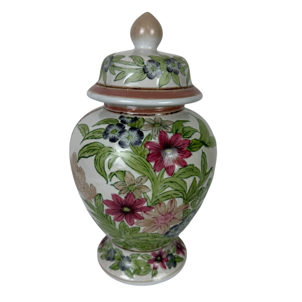 Hand Painted Floral Porcelain Ginger‎ Jar with Lid White Pink Green 12 Inch